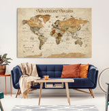18685073-MGV-CV-36X24-Personalized World Map Wall Art – Antique Vintage Parchment Adventure Awaits Travel Map with Custom Couple Names, Rustic Wall