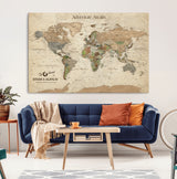 62766900-MGV-CV-36X24-Personalized World Map Wall Art – Antique Parchment Adventure Travel Map with Custom Couple Names, Rustic Wall Decor for Home,