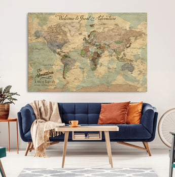 32019746-MGV-CV-36X24-Personalized World Map Wall Art – Vintage Camo Adventure Travel Map with Custom Family Names, Rustic Wall Decor for Couples, Home