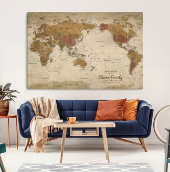 31874045-MGV-CV-36X24-Personalized World Map Wall Art – Vintage Earth Tone Adventure Map with Custom Family Names, Rustic Travel Decor for Home, Couples