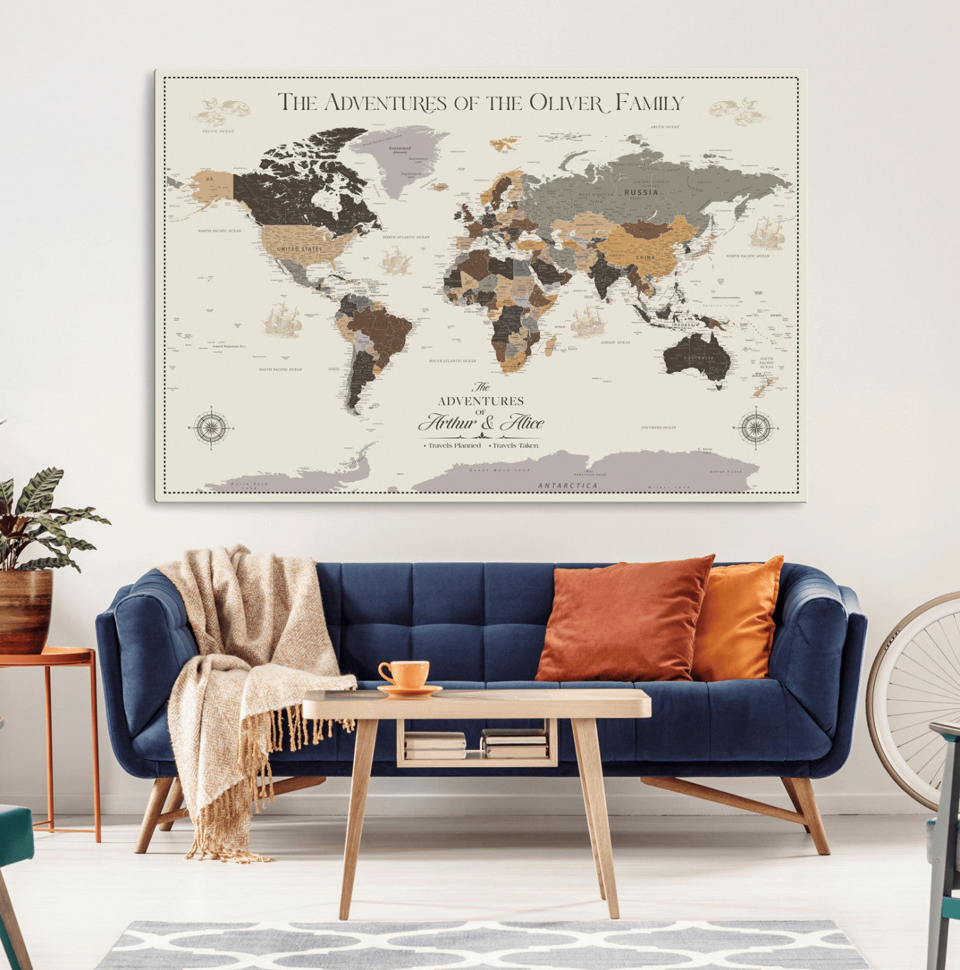40679469-MGV-CV-36X24-Personalized World Map Wall Art – Neutral Tones Adventure Travel Map with Custom Family Names, Rustic Wall Decor for Living Room