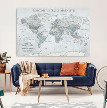 70605050-MGV-CV-36X24-Personalized World Map Wall Art – Cool Gray Adventure Travel Map with Custom Names, Elegant Push Pin Canvas for Couples, Family