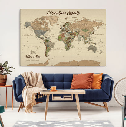 53442996-MGV-CV-36X24-Personalized World Map Wall Art – Adventure Awaits Vintage Travel Map with Custom Couple Names, Rustic Wall Decor for Home,