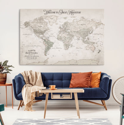 93034948-MGV-CV-36X24-Personalized World Map Wall Art – Vintage Beige Adventure Travel Map with Custom Names, Elegant Push Pin Canvas for Couples,