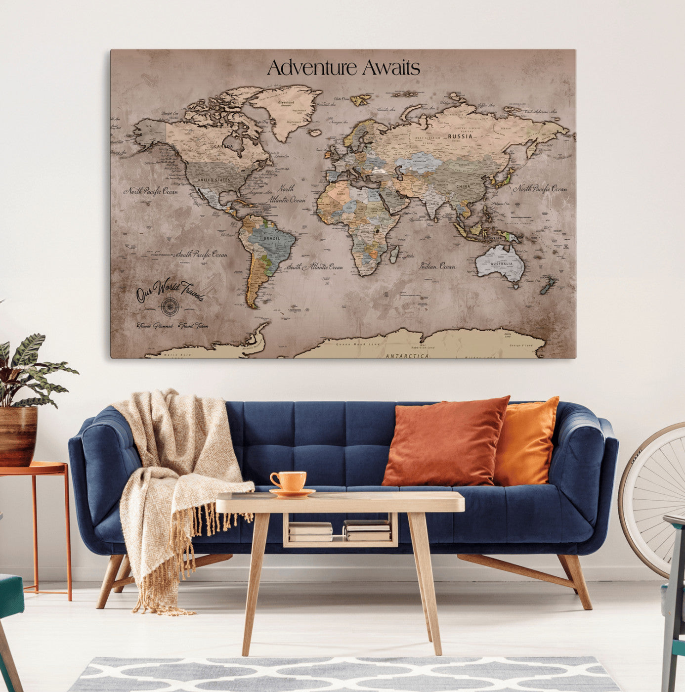 93226713-MGV-CV-36X24-Personalized World Map Wall Art – Adventure Awaits Rustic Earth-Tone Travel Map with Custom Names, Vintage Wall Decor for Couples,