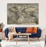 72658967-MGV-CV-36X24-Personalized World Map Wall Art – Adventure Awaits Rustic Sepia Travel Map with Custom Names, Vintage Wall Decor for Couples, Home