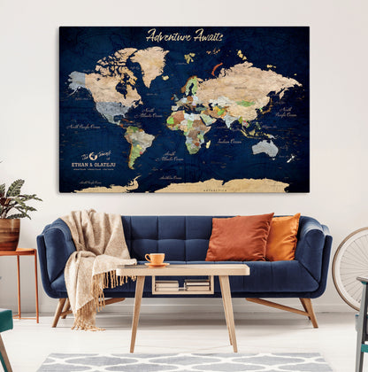 80965072-MGV-CV-36X24-Personalized World Map Wall Art – Adventure Awaits Navy Blue Travel Map with Custom Names, Rustic Vintage Wall Decor for Couples,