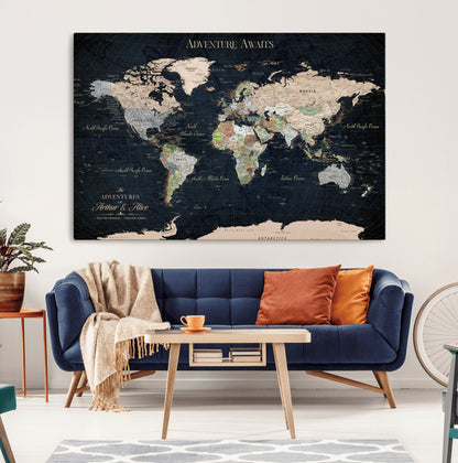 15547583-MGV-CV-36X24-Personalized World Map Wall Art – Rustic Navy Adventure Awaits Travel Map with Custom Couple Names, Vintage Wall Decor for Home or