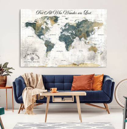 16233493-MGV-CV-36X24-Personalized World Map Wall Art – Rustic Blue Green Wanderlust Travel Map with Custom Couple Names, Vintage Wall Decor for Home