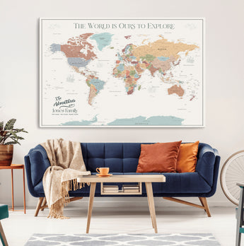 69180591-MGV-CV-36X24-Personalized World Map Wall Art – Rustic Vintage Adventure Travel Map with Custom Family Names, Unique Wall Decor for Couples,