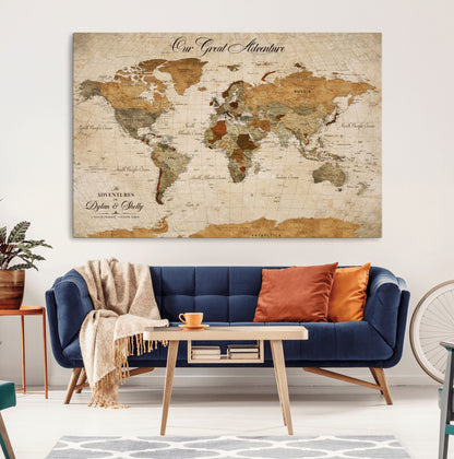 91961147-MGV-CV-36X24-Personalized World Map Wall Art – Vintage Sepia Adventure Travel Map with Custom Couple Names, Rustic Wall Decor for Home, Couples
