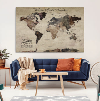 78610079-MGV-CV-36X24-Personalized World Map Wall Art – Vintage Rustic Travel Map with Custom Family Name, Adventure Wall Decor for Home, Family Gift or