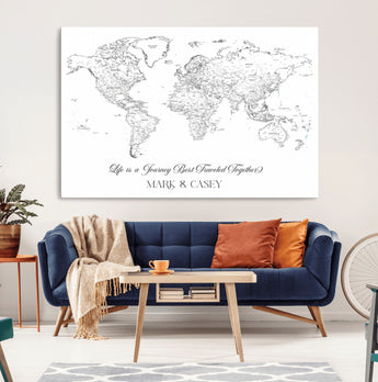 43438578-MGV-CV-36X24-Personalized World Map Wall Art – Black and White Minimal Travel Map with Custom Names, Elegant Wall Decor for Couples, Wedding or