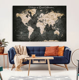 70534097-MGV-CV-36X24-Personalized World Map Wall Art – Dark Vintage Adventure Style Travel Map with Custom Names, Unique Wall Decor for Couples, Home