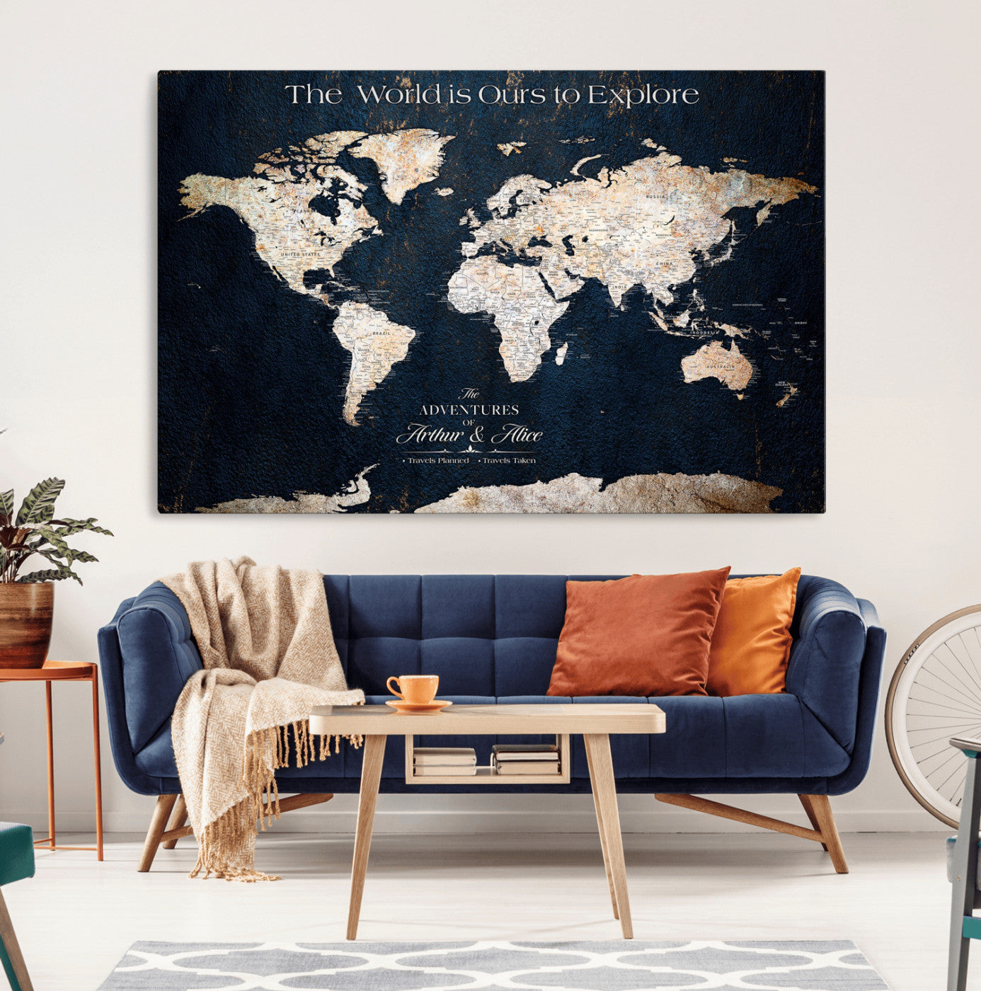 13231361-MGV-CV-36X24-Personalized World Map Wall Art – Navy Blue Vintage Adventure Travel Map with Custom Names, Elegant Push Pin Canvas for Couples