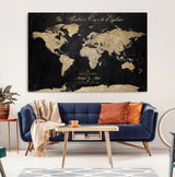 98947257-MGV-CV-36X24-Personalized World Map Wall Art – Vintage Black Adventure Travel Map with Custom Names, Elegant Push Pin Canvas for Couples Home