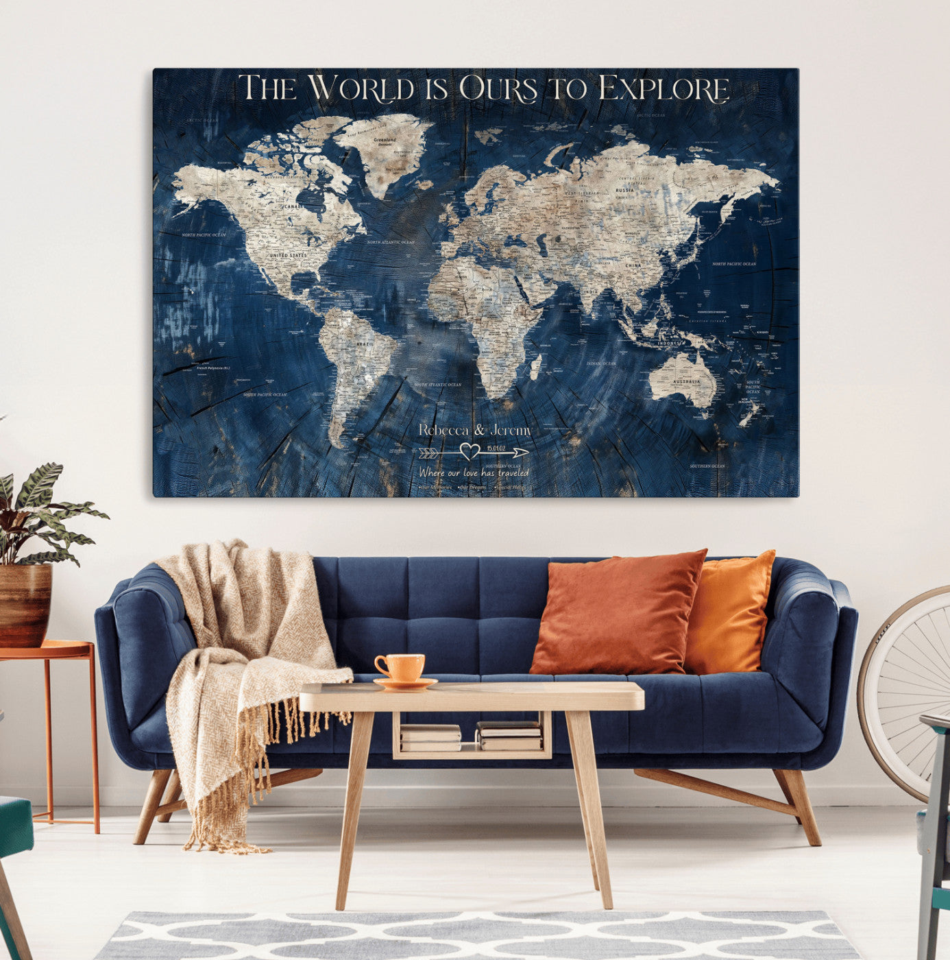 16933330-MGV-CV-36X24-Personalized World Map Wall Art – Navy Blue Vintage Travel Map with Custom Names, Anniversary Gift for Couples Romantic Adventure