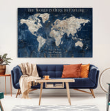 16933330-MGV-CV-36X24-Personalized World Map Wall Art – Navy Blue Vintage Travel Map with Custom Names, Anniversary Gift for Couples Romantic Adventure