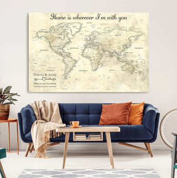 35009043-MGV-CV-36X24-Personalized World Map Wall Art – Vintage Beige Travel Map with Custom Names and Date, Romantic Anniversary Gift for Couples Home