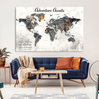 11751559-MGV-CV-36X24-Personalized World Map Wall Art – Elegant Adventure Travel Tracker Map for Couples & Families, Push Pin Canvas Poster Decor for Home, Office