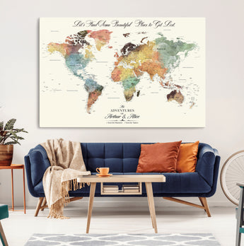 10311652-MGV-CV-36X24-Personalized World Map Wall Art - Watercolor Travel Map with Custom Names Minimalist Design for Couples&Families - Decor for Home,