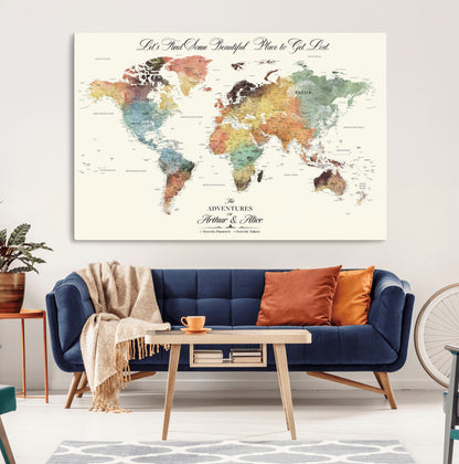 10311652-MGV-CV-36X24-Personalized World Map Wall Art - Watercolor Travel Map with Custom Names Minimalist Design for Couples&Families - Decor for Home,