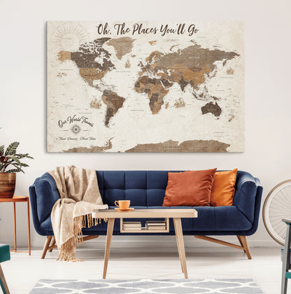 14140137-MGV-CV-36X24-Personalized World Map Wall Art – Vintage Nautical Adventure Map with Ships and Compass, Rustic Sepia Tones for Travel Lovers and