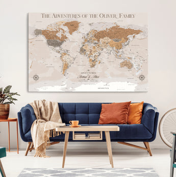 34289723-MGV-CV-36X24-Personalized World Map Wall Art – Elegant Beige and Brown Adventure Map Canvas Print for Family Home, Living Room, Study or Office
