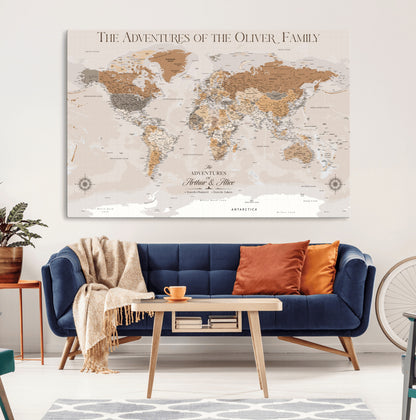 34289723-MGV-CV-36X24-Personalized World Map Wall Art – Elegant Beige and Brown Adventure Map Canvas Print for Family Home, Living Room, Study or Office
