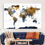 MGV-CV-36X24 - World Map Wall Art Canvas Print, Framed Blue Gold Map Art Picture Print, Rustic Atlas Perfect Rustic Modern Decor Artwork