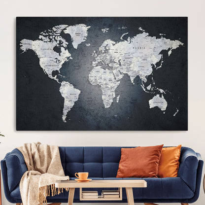 MGV-CV-36X24 - Monochrome World Map Wall Art Canvas Print, Framed Minimalist Map Art Picture Print, Modern Atlas Perfect Modern Minimalist Decor Artwork