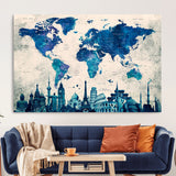 MGV-CV-36X24 - Blue World Map Wall Art Canvas Print, Framed Iconic Landmarks Art Picture Print, Blue Globe Map Perfect Elegant Explorer Decor Artwork