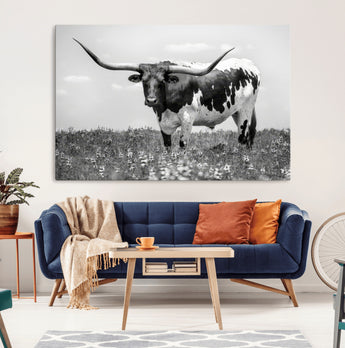 83785-MGV-CV-36X24-Texas Longhorn Wall Art Canvas Print, Framed Horned Bull Art Picture Print, Monochrome Cattle Perfect Rustic Western Decor Artwork