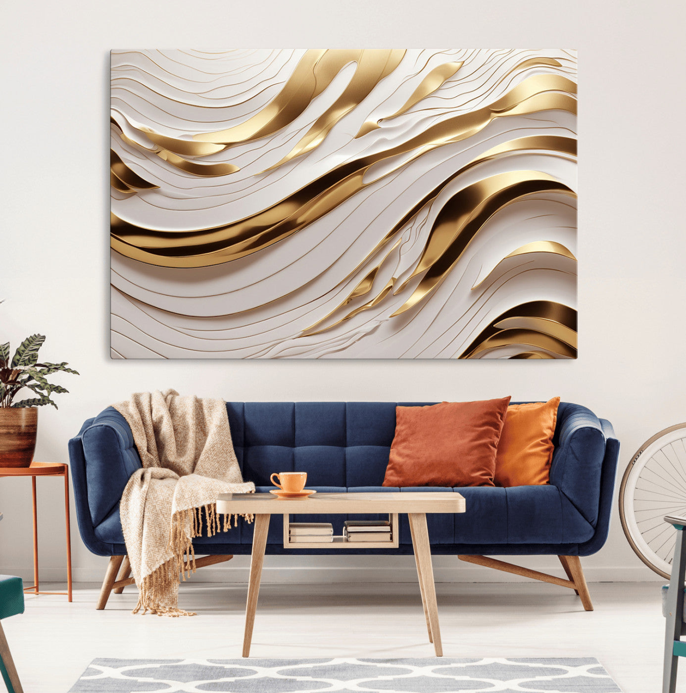 41237-MGV-CV-36X24-Gold Waves Wall Art Canvas Print, Framed Elegant Flow Art Picture Print, Luxury Layers Perfect Minimal Luxe Decor Artwork