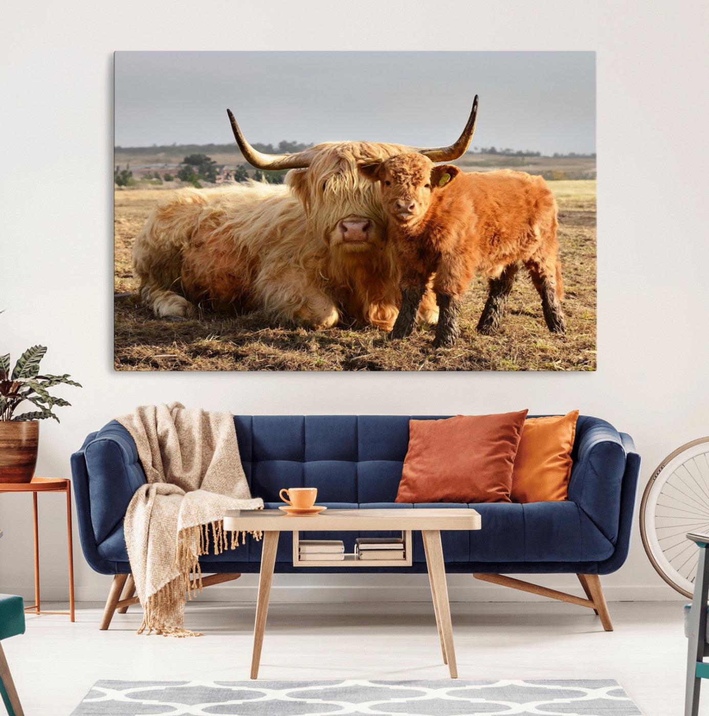 88780-MGV-CV-36X24-Highland Cow Wall Art Canvas Print, Framed Cow Calf Art Picture Print, Scottish Cattle Perfect Rustic Farmhouse Decor Artwork