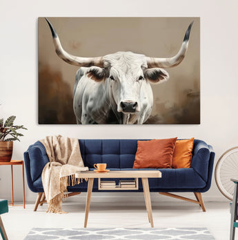 63550-MGV-CV-36X24-Texas Longhorn Wall Art Canvas Print, Framed White Bull Art Picture Print, Horned Cattle Perfect Rustic Western Decor Artwork
