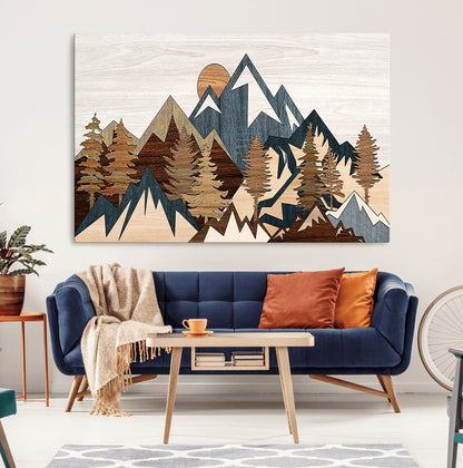 80300-MGV-CV-36X24-Geometric Mountains Wall Art Canvas Print, Framed Stylized Trees Art Picture Print, Graphic Forest Perfect Rustic Abstract Decor