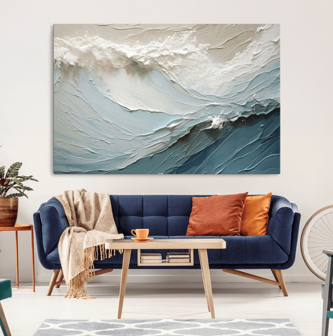 53646-MGV-CV-36X24-Ocean Wave Wall Art Canvas Print, Framed Textured Seascape Art Picture Print, Modern Ocean Perfect Minimal Coastal 2/2 Decor