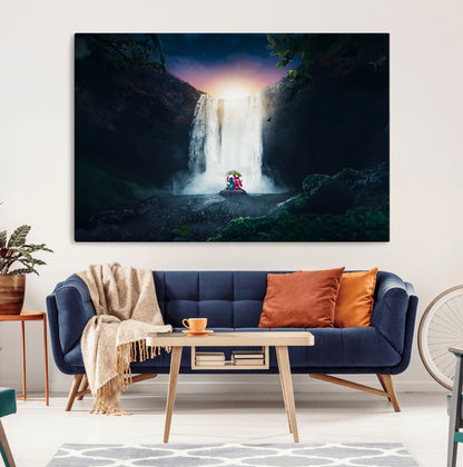 56359-MGV-CV-36X24-Lilo Stitch Wall Art Canvas Print, Framed Stitch Angel Art Picture Print, Cartoon Waterfall Perfect Tropical Fantasy Decor Artwork