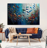 89626-MGV-CV-36X24-Fish Swarm Wall Art Canvas Print, Framed Abstract Ocean Art Picture Print, Underwater Life Perfect Vibrant Coastal Decor Artwork