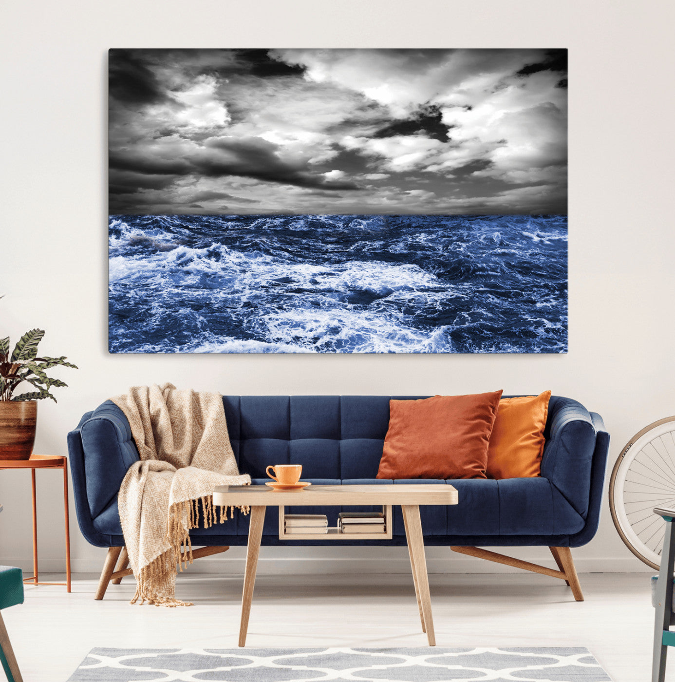 91043-MGV-CV-36X24-Stormy Ocean Wall Art Canvas Print, Framed Moody Seascape Art Picture Print, Monochrome Sea Perfect Coastal Drama Decor Artwork