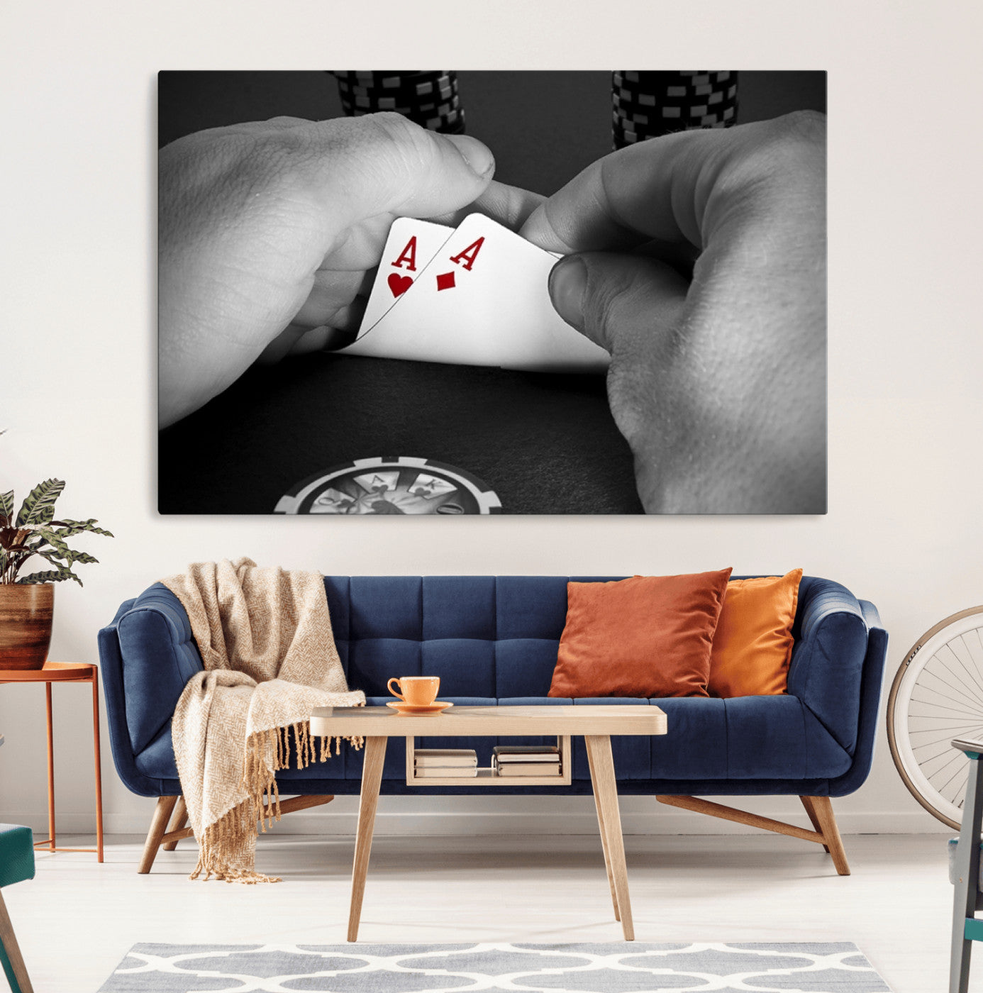 62460-MGV-CV-36X24-Poker Game Wall Art – Close Up of Hands Holding Aces with Chips, Casino Style Decor for Game Room, Man Cave or Office