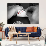 62460-MGV-CV-36X24-Poker Game Wall Art – Close Up of Hands Holding Aces with Chips, Casino Style Decor for Game Room, Man Cave or Office
