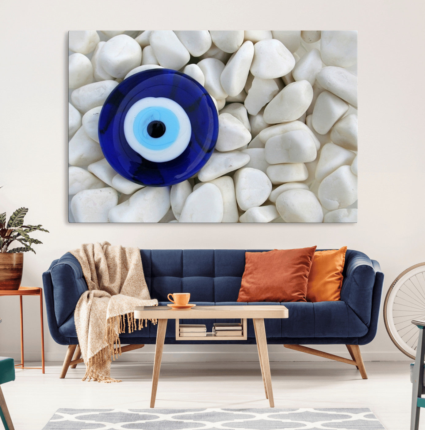 48883-MGV-CV-36X24-Evil Eye Wall Art – Deep Blue Symbol of Presence and Calm on White Stones, Subtle Spiritual Decor for Entryway, Studio, Office or