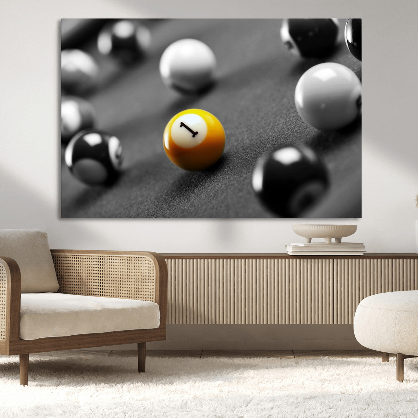 52108-MGV-CV-36X24-Precision Pool Table Wall Art – Close Up Yellow 1 Ball Canvas Print, Hand-Played Billiards Game Decor for Office, Game Room, or