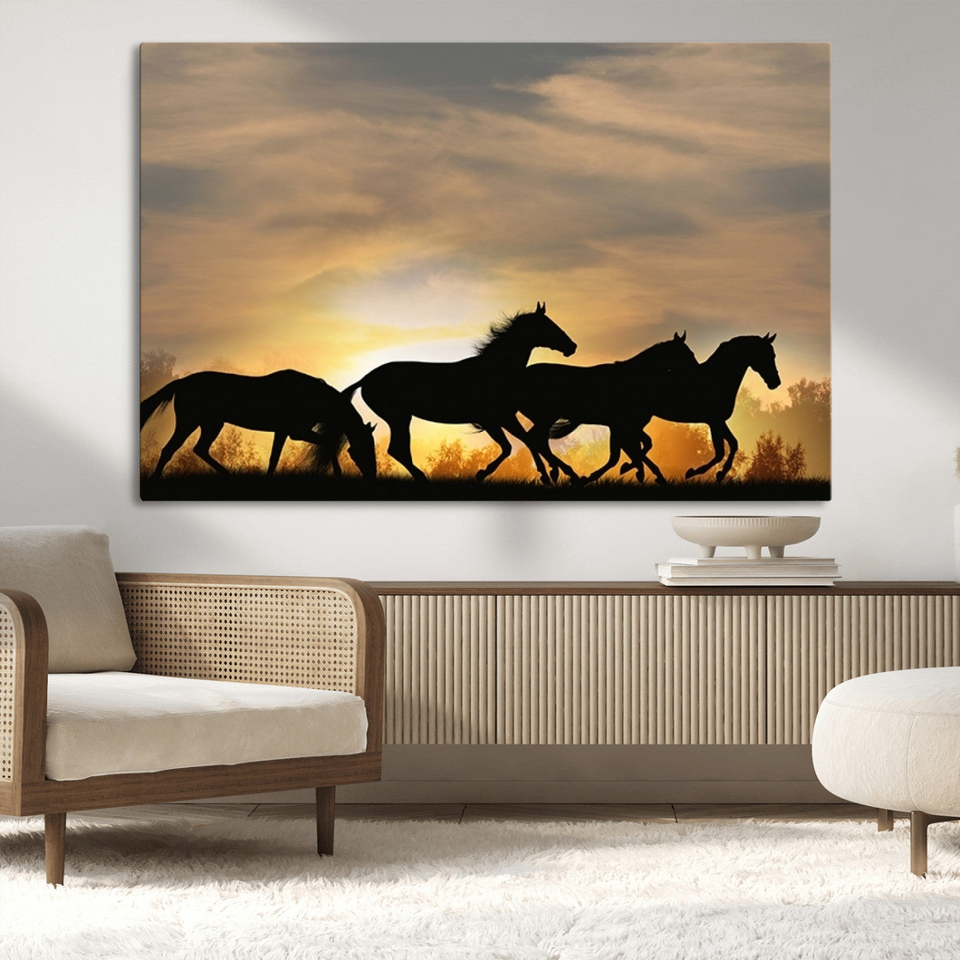 16620-MGV-CV-36X24-Sunset Stallions Wall Art – Silhouetted Horses Running Canvas Print, Nature’s Rhythm, Perfect for Living Room, Office, or Man Cave