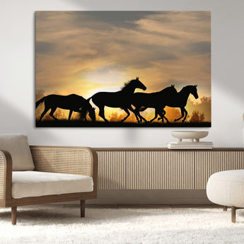 16620-MGV-CV-36X24-Sunset Stallions Wall Art – Silhouetted Horses Running Canvas Print, Nature’s Rhythm, Perfect for Living Room, Office, or Man Cave