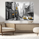 32362-MGV-CV-36X24-NYC Street Wall Art – Black and White Cityscape with Yellow Taxis and Umbrella Canvas Print, Urban Home Decor for Living Room or