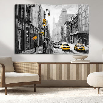 32362-MGV-CV-36X24-NYC Street Wall Art – Black and White Cityscape with Yellow Taxis and Umbrella Canvas Print, Urban Home Decor for Living Room or