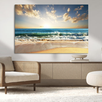 13139-MGV-CV-36X24-Sunrise Beach Wall Art – Ocean Waves and Golden Sand Canvas Print, Coastal Home Decor for Living Room, Bedroom, or Office